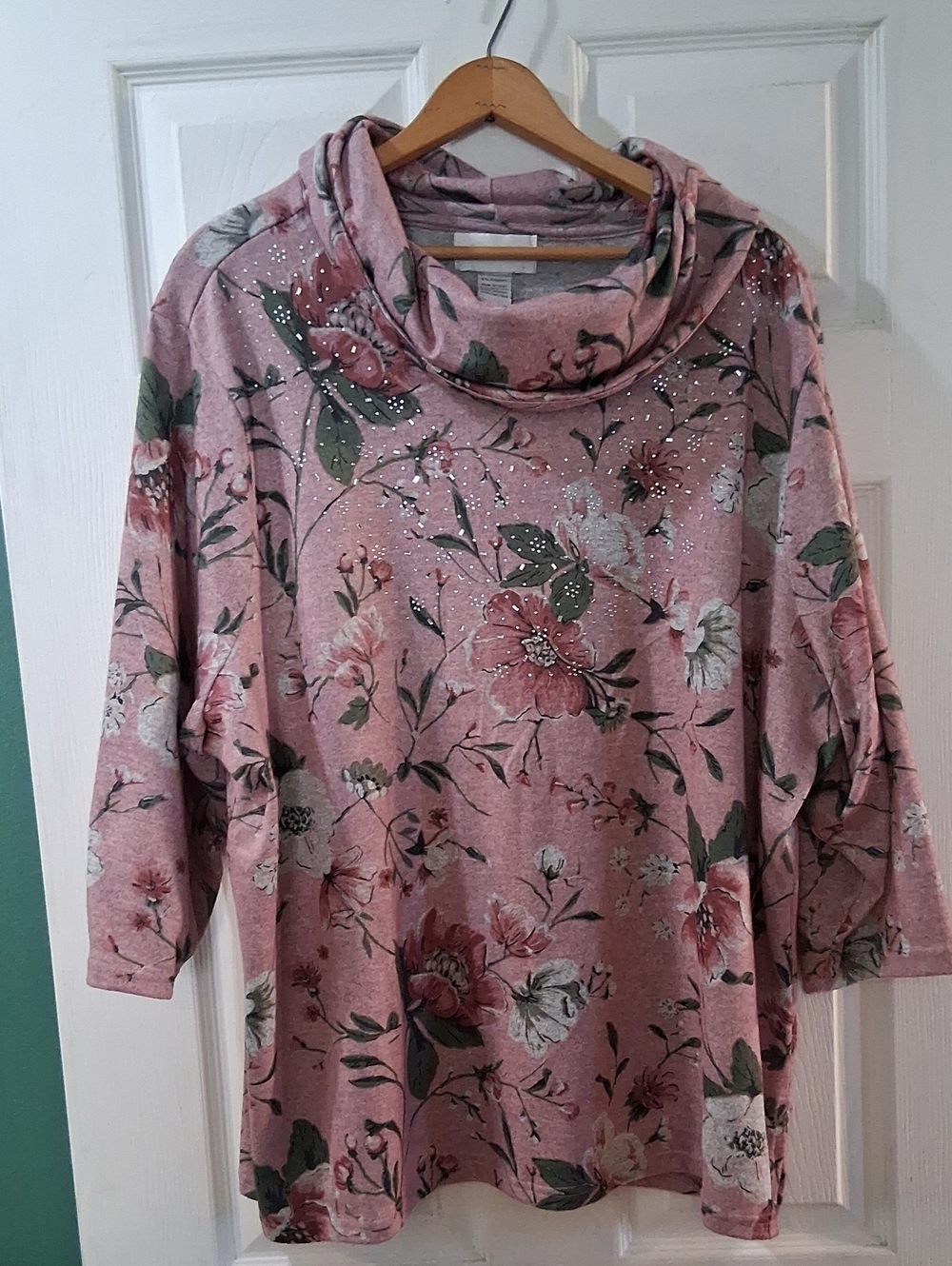 C.D. Daniels Floral Cowl-Neck Sweater Top in Dusty Rose With Mirrored Gem Accent